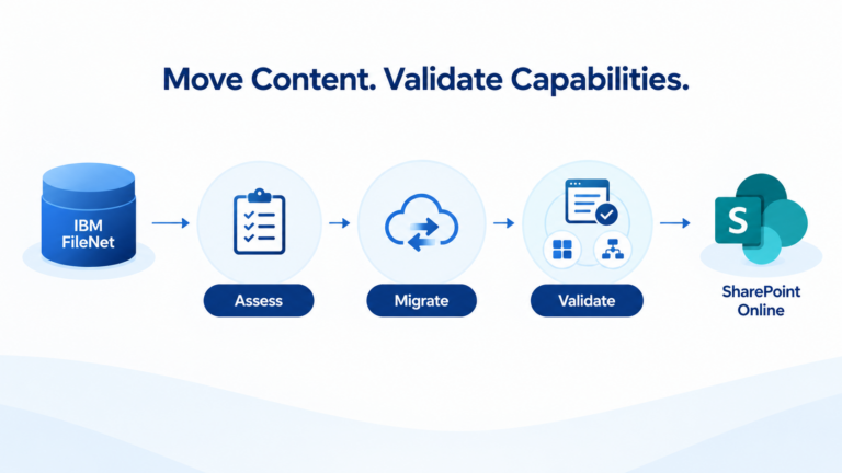 IBM FileNet to SharePoint Online migration workflow: assess, migrate, validate