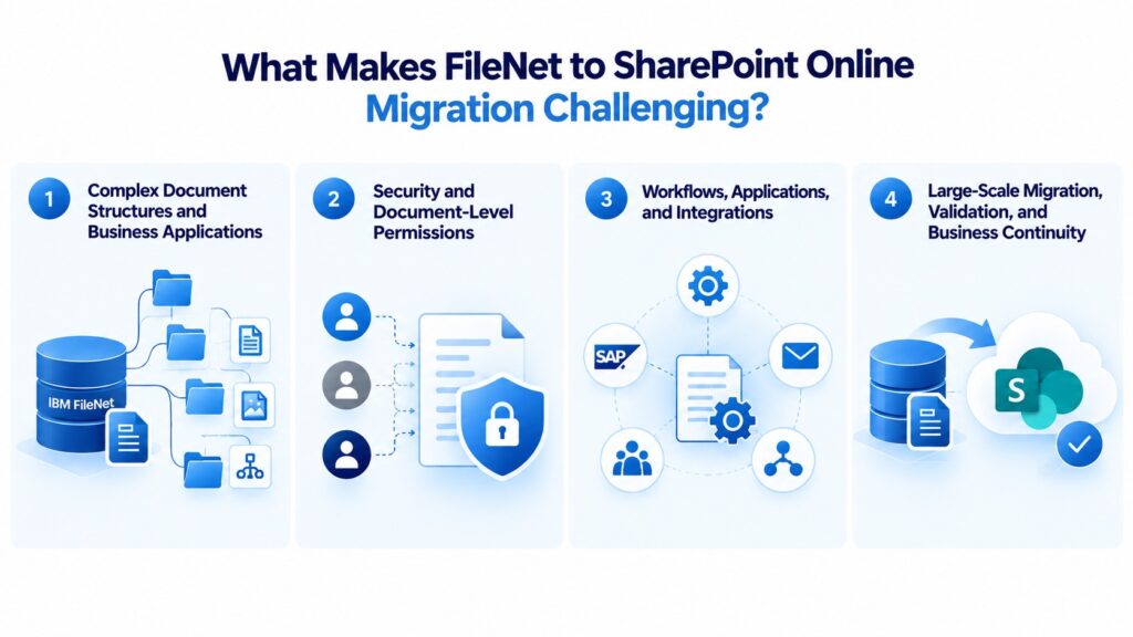 Four FileNet to SharePoint migration challenges: structures, permissions, integrations, and validation.